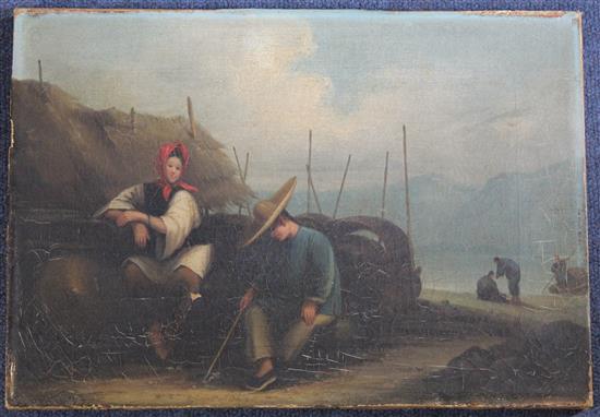 Circle of George Chinnery (1774-1852) Chinese fisherfolk on the shore, 9.75 x 14in., unframed